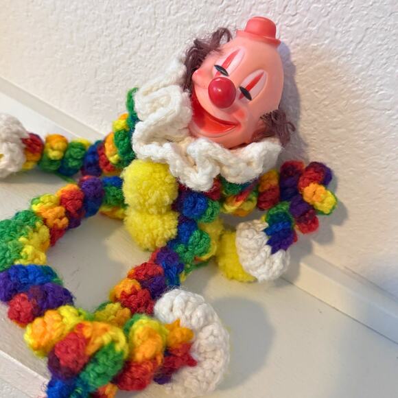 Vintage Crochet Clown Doll Wall Hanging – Retro Handmade Circus Decor - Picture 1 of 9